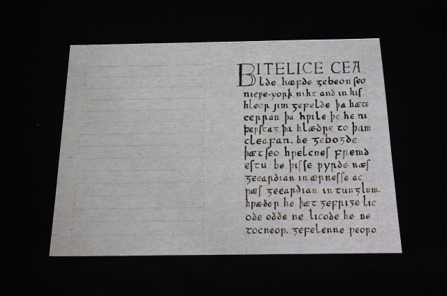 a manuscript page (only the right half is written) in insular script (the first line is capitals, and the very first letter is twice as high) beginning with the words “Bitelice cealde” (the text is in Old English).