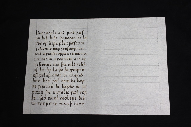 a manuscript page in insular script with Old English text that begins with “ld candele and þind” (only the right side of the page is written)