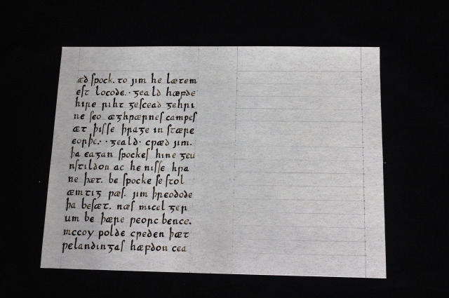 a manuscript page in insular script with Old English text that begins with “æd spock. to jim he lætemest” (only the rigth side of the page is written)