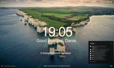 View showing white cliffs and grassy fields on top, with time in centre and a greeting underneath with today's to being Googe Home speaker (marked as completed).