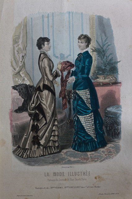 Plate from La Mode Illustrée 1880 with two natural form era day dresses. there is bustling, there are ruffles, there are ribbons, all the things and then more