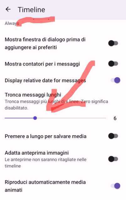 Le impostazioni di Fedilab consentono di limitare il numero di righe dei messaggi visualizzati in Timeline