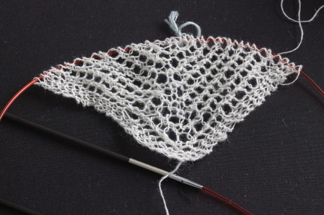 the beginning of a triangular bottom up lace shawl, still on a circular needle, after knitting about 20 rows