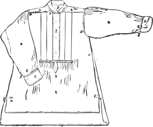 drawing of a shirt that opens from the neck to the waistline with a button placket and pleats, while the lower part is closed and gathered.