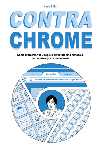 Cover of my comic “Contra Chrome”.
You can see the narrator in the middle of three panels, arranged like the logo of the Chrome browser. Inside these panels are motives from the comic: browser tabs, icons, and webpages on tiny feet crawling like insects.