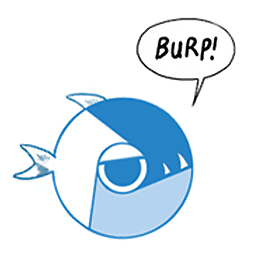 Satirical comic drawing of a piranha looking like the logo of the Google Chrome browser. Eyes half-closed, it emits a speech bubble containing the sound “burp!”