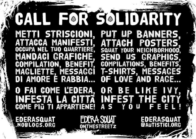 Call for solidarity by Edera Squat after the eviction, asking for media and materials showing solidarity