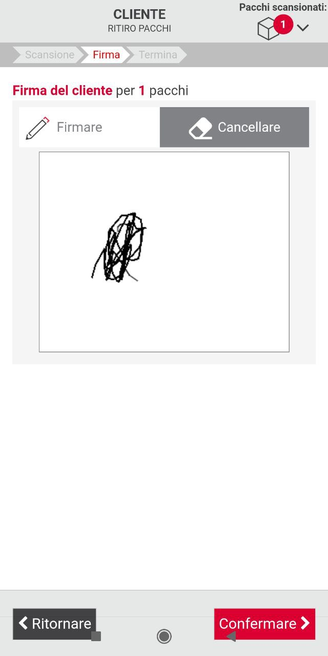 Schermata dell'app di ritiro e consegna pacchi con firma per il ritiro del cliente.
La firma è uno scarabocchio ovale senza alcun senso.