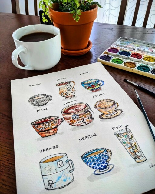 Space themed coffee mug drawings