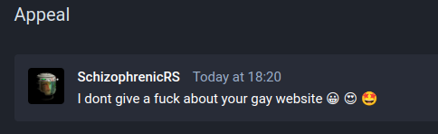 Screenshot of an Appealmessage. "I don't give a fuck about your gay website".