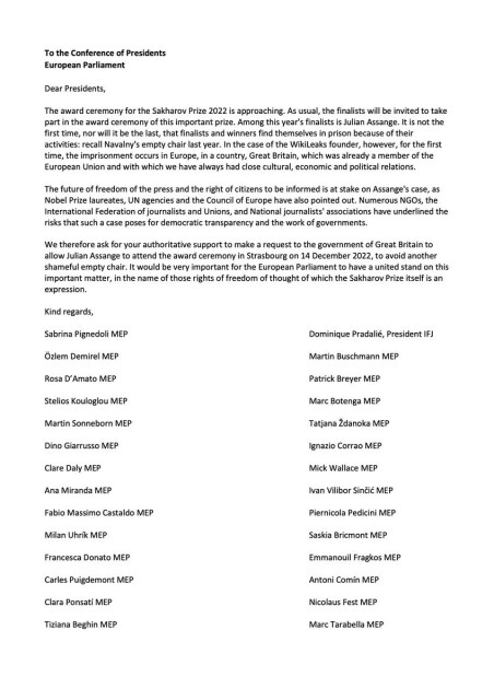 Brief von EU-Abgeordneten & dem Präsidenten der Internationalen Journalisten-Föderation an die Präsidenten des EU-Parlaments mit der Forderung, es zu ermöglichen, dass Julian Assange als Nominierter an der Verleihung des Sacharow-Preises teilnehmen kann.