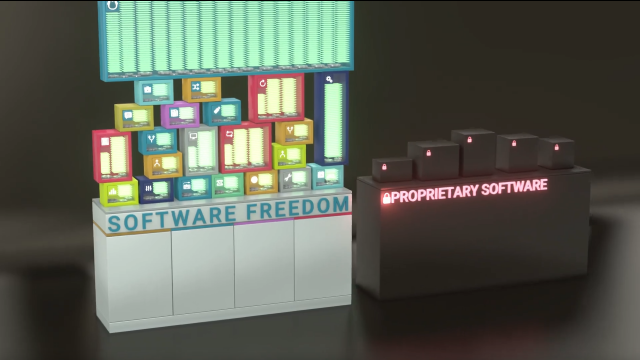 contrast between a transparent technical infrastructure titles 'Software Freedom' and a dark, locked one, titled 'Proprietary Software'