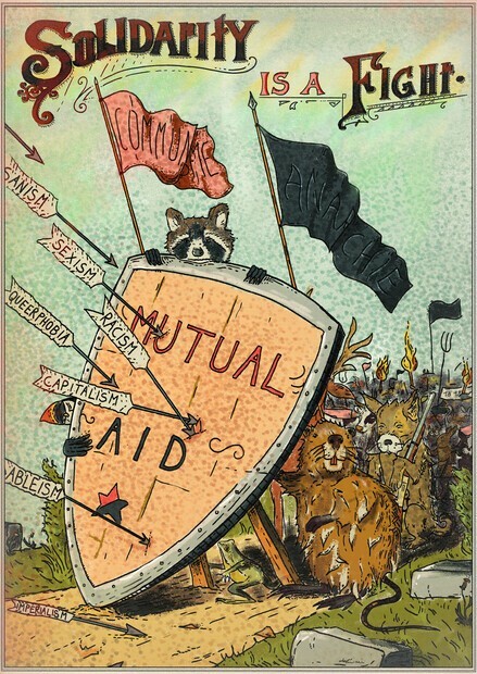 Affiche vintage avec des animaux cachés derrière un bouclier "Mutual Aid" pour se protéger de flèches qui symbolisent des oppressions
