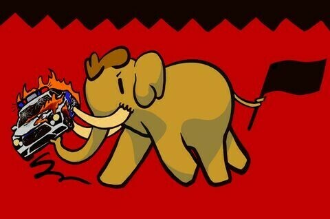 Banner image for kolektiva.social 

a mastodon impaling a flaming police car on its tusks and throwing it while holding a black flag with its tail. set on top of a red background. 