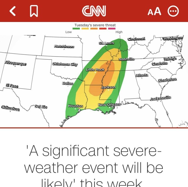 Screen shoot on CNN mobile app story they show a heat map of potential severe weather centered in Arkansas and Louisiana. Colors of map look like an avocado. 