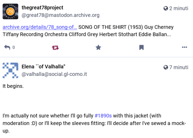 Toot by Elena Valhalla about a jacket, followed by a toot by archive org linking to the "Song of the shirt"