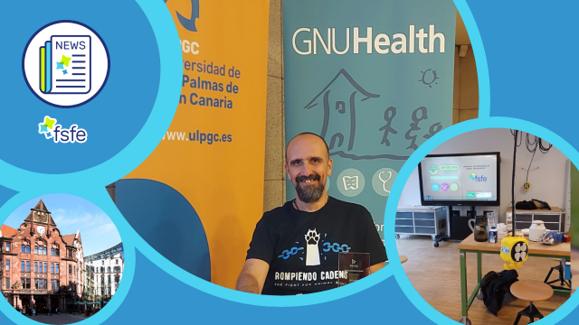 Tres fotos. La municipalidad de Dortmund, una foto de una persona delante de un anuncio publicitario de GNU Health, un espacio de experimentación de electrónica.