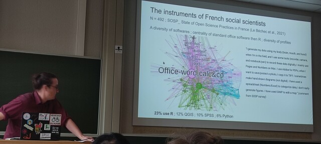 Emilien Schultz presenting the instruments of French social scientist 23% use R, 12% use QGIS, 10% use SPSS and 6% Python 