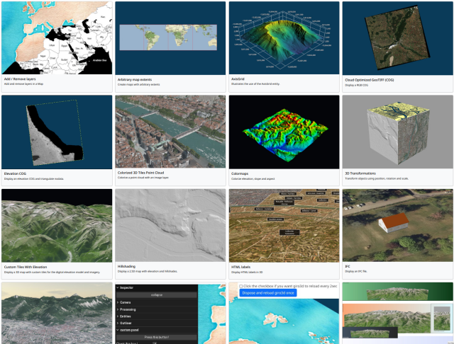 A screenshot of thumbnails of examples of the use of Giro3D, a web 3D geospatial library. Mainly 3D maps with elevations, pointclouds, buildings and other types of data.