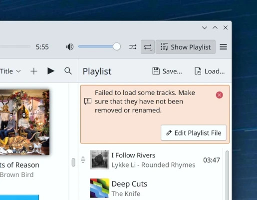 Screenshot of KDE Elisa music application showing a notification that it has failed to import some tracks.