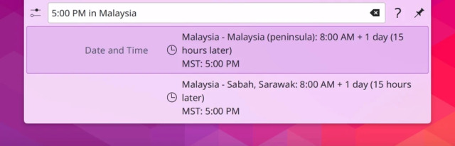 Screenshot of KDE's Krunner showing the time in Malaysia