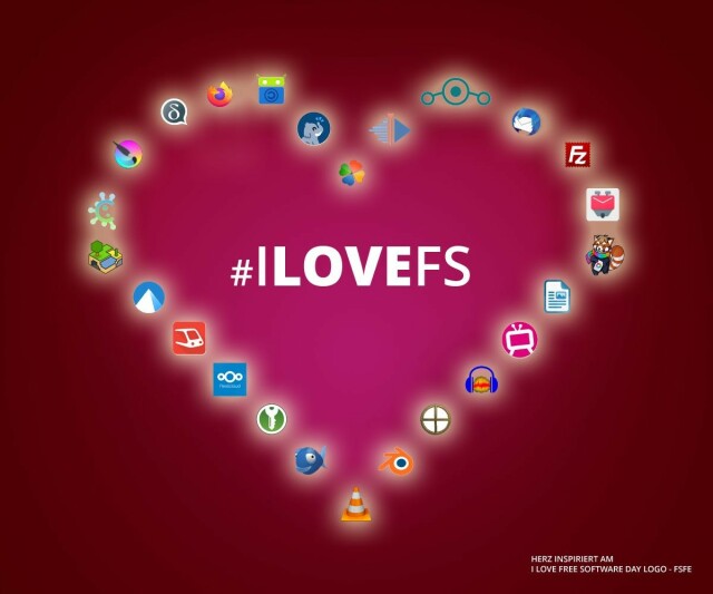 Leuchtendes Herz aus den Logos verschiedener freier Software Anwendungen.