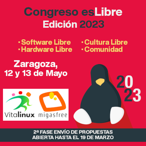 Imagen anunciando la fecha de esLibre 2023 (12 y 13 de mayo) y el envío de propuestas hasta el 19 de marzo.
