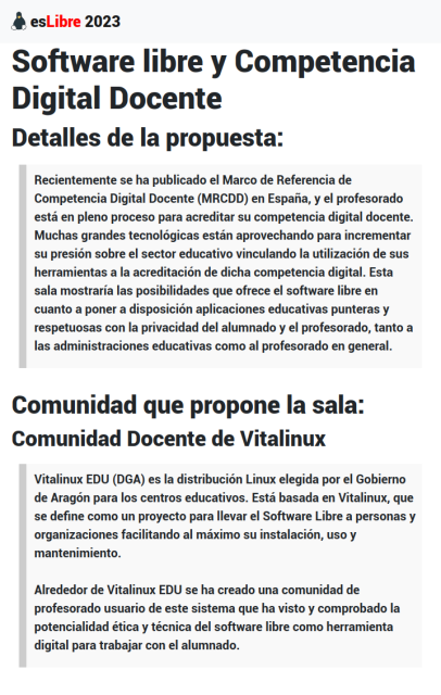 Información de la sala "Software libre y Competencia Digital Docente" que se puede encontrar en la misma página de información que se enlaza.