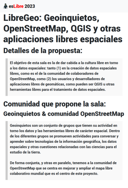 Información de la sala "LibreGeo: Geoinquietos, OpenStreetMap, QGIS y otras aplicaciones libres espaciales" que se puede encontrar en la misma página de información que se enlaza.