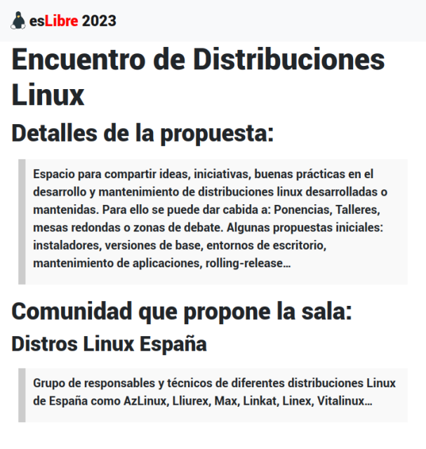 Información de la sala "Encuentro de Distribuciones Linux" que se puede encontrar en la misma página de información que se enlaza.