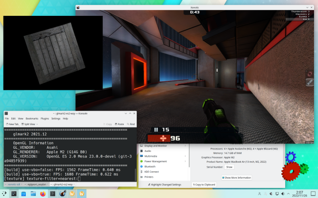 Screenshot of KDE Plasma Desktop with glmark2, Xonotic, and eglgears running. The GL_RENDERER string says "Apple M2 (G14G B0)".