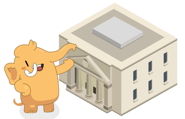 illustration of mastodon in front of neoclassical building