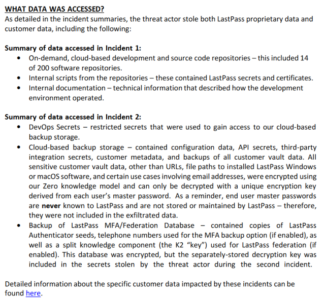 A summary of the sensitive data accessed during the 2 LastPass incidents that occurred in 2022