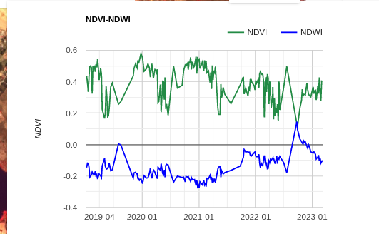 graph showing the NDVI and NDWI time series for S2_SR_HARMONIZED GEE dataset.