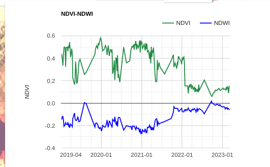 graph showing the NDVI and NDWI time series for S2_SR GEE dataset affected by offset added after Jan 24th 2022.