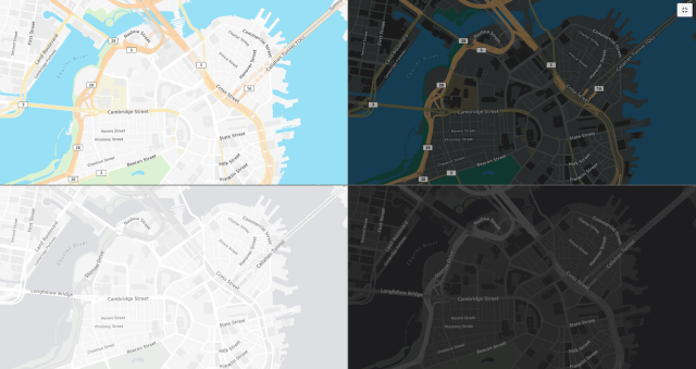 Screenshots of four versions of the new Open Data Maps feature for Amazon Location Service. Open Data Maps is a new data provider option for the Maps feature based on OpenStreetMap (OSM) 