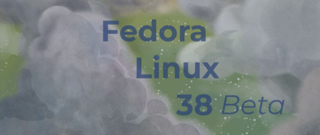 "Fedora Linux 38 Beta" text over the wallpaper for the beta release.