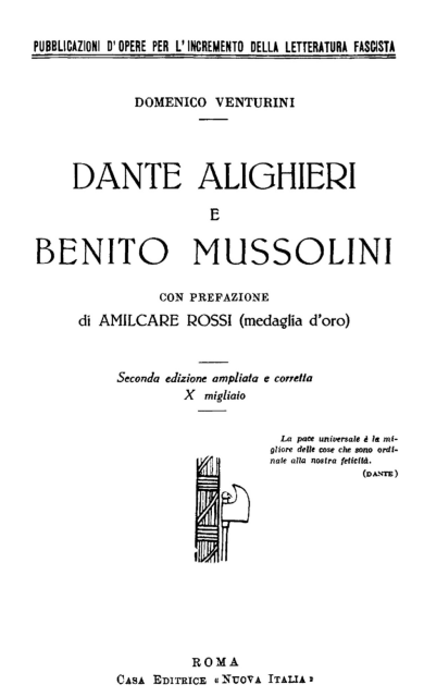 Copertina interna del libro "Dante Alighieri e Benito Mussolini"