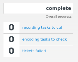 complete
Overall progress
0 recording tasks to cut
0 encoding tasks to check
0 tickets failed