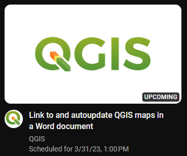 Youtube preview of QGIS OpenDay stream titled "Link to and autoupdate QGIS maps in a Word document"