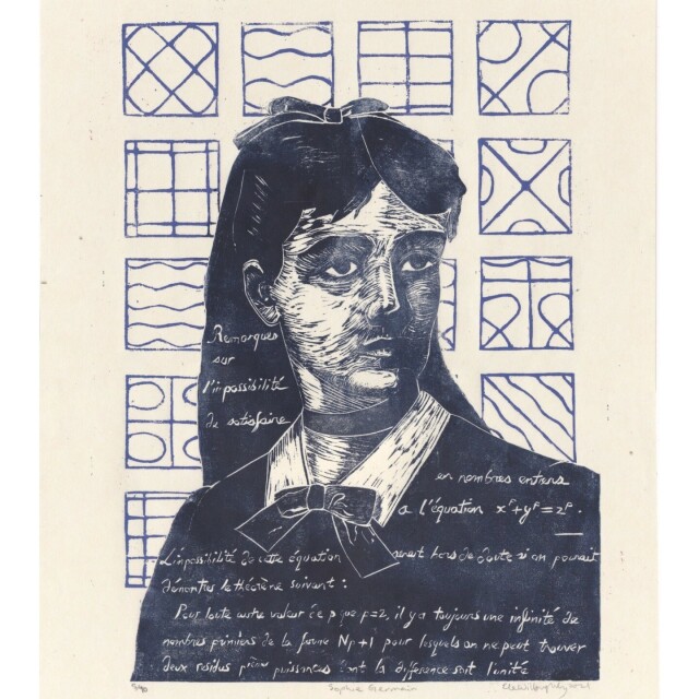 Linocut of Sophie Germain (a young woman in with a collar with bow, under a dark dress, with a ribbon tied around her neck, long hair with centre part, half tied up with a ribbon in her hair). She is printed in dark blue with her own words about Fermat's Last Theorem in her own script carved into her hair and dress). Behind her in lavender is a grid of Chladni figures. 