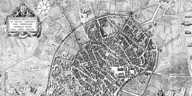 Mappa in bianco e nero della città di Milano all'epoca dell'assedio di federico Barbarossa (1154). Si distinguono le mura, strade e piazze interne ad essa, ed una porzione significativa del contado che la circonda
