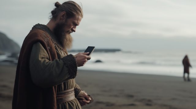 Midjourney image of a Viking holding a cell phone on a beach.