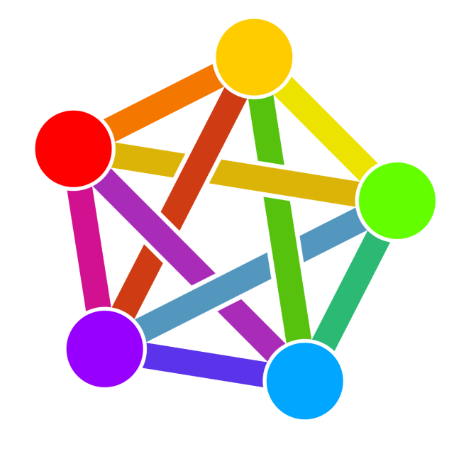 The Fediverse logo, a slightly tilted pentagon shape with thick dots on each corner and lines joining all the dots together like a stylised network diagram. The lines are in different colours, giving a rainbow effect to the logo as a whole.