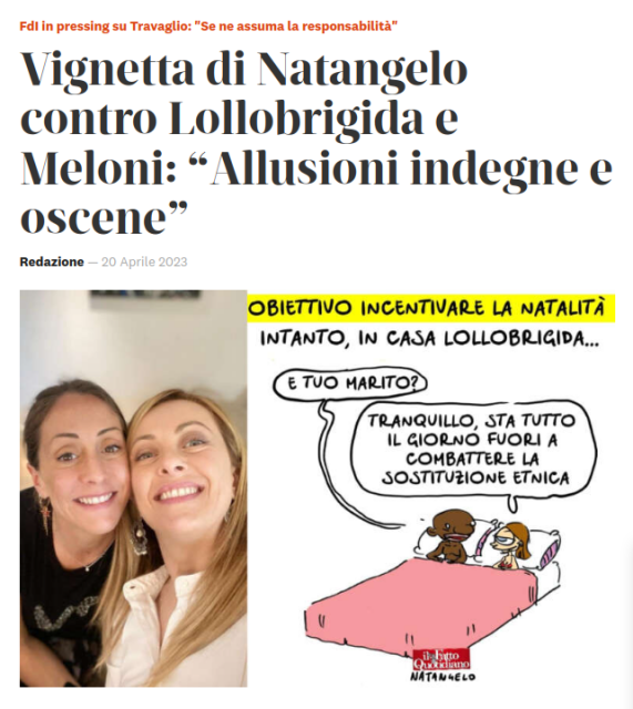 Fdl in pressing su Travaglio: "Se ne assuma la responsabilita” Vignetta di Natangelo contro Lollobrigida è Meloni: “Allusioni indegne e oscene”.