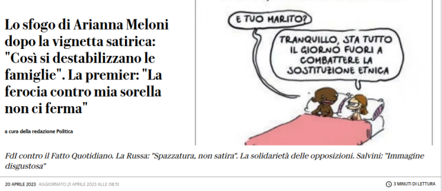 Lo sfogo di Arianna Meloni dopo la vignetta satirica: "Cosi si destabilizzano le famiglie". La premier: "La ferocia contro mia sorella non ci ferma" Fdl contro il Fatto Quotidiano. La Russa: "Spazzatura, non satira". La solidarieta delle opposizioni. Salvini: "Immagine disgustosa”.