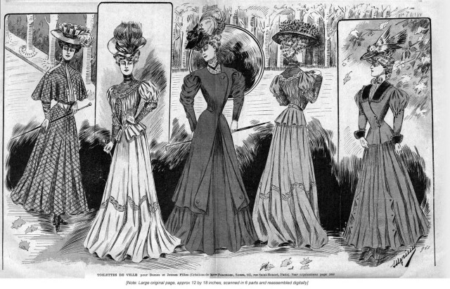 A scan of a century old fashion illustration with ladies in graceful and full outfits. Large lapels, short cloaks, very full gathered sleeves, wide hems, large hats... And on the leftmost one, the hat worn by a snappily dressed woman in a walking suit has what looks to be the artistic interpretation of an entire stuffed seagull sized bird artfully attached onto it. It's both ridiculous and glorious. RIP bird.
