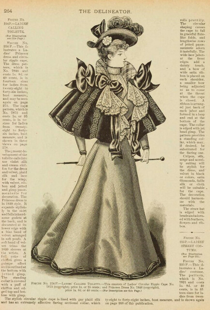 A scan of a Late Victorian fashion illustration of a stately woman dressed in what can only be described as the landing site of some sort of ribbon, bows and lace comet. Her skirt is very wide at the hem and her little cape that reaches her waist is just positively drowned in frill, extraordinarily large bows and a very tall stand-up Medici collar with an entirely superfluous tartan print. There are so many different textures on top of an already ludicrous shape, it's like someone tried to marry three different severe wedding cakes onto just one outfit. In short, it's ridiculous.