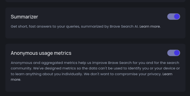 Alcune impostazioni di brave search