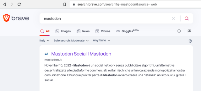 search.brave.com

 Mastodon mastodon.it November 10, 2022 - Mastodon è un social network senza pubblicita e algoritmi, un‘alternativa decentralizzata alle piattaforme commerciali, evita rischi che un'unica azienda monopolizzi la nostra comunicazione. Chiunque pub far parte di Mastodon ovvero creare una *istanza’, un sito su cui girera il social 